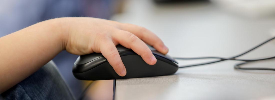 Student's hands using a computer mouse