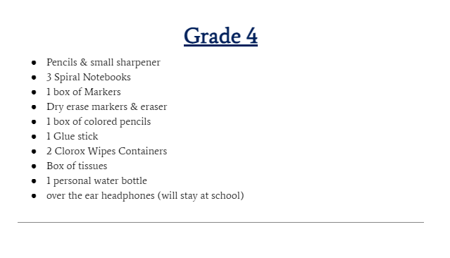 List of school supplies, please call the school if you need assistance
