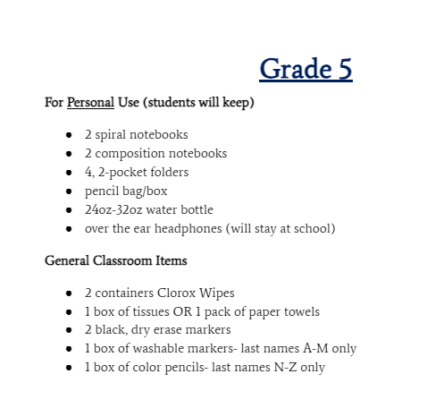 List of school supplies, please call the school if you need assistance