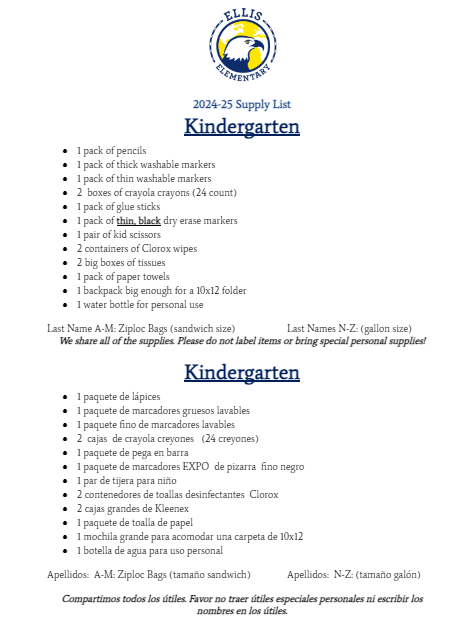 School supply list, please call the school with questions